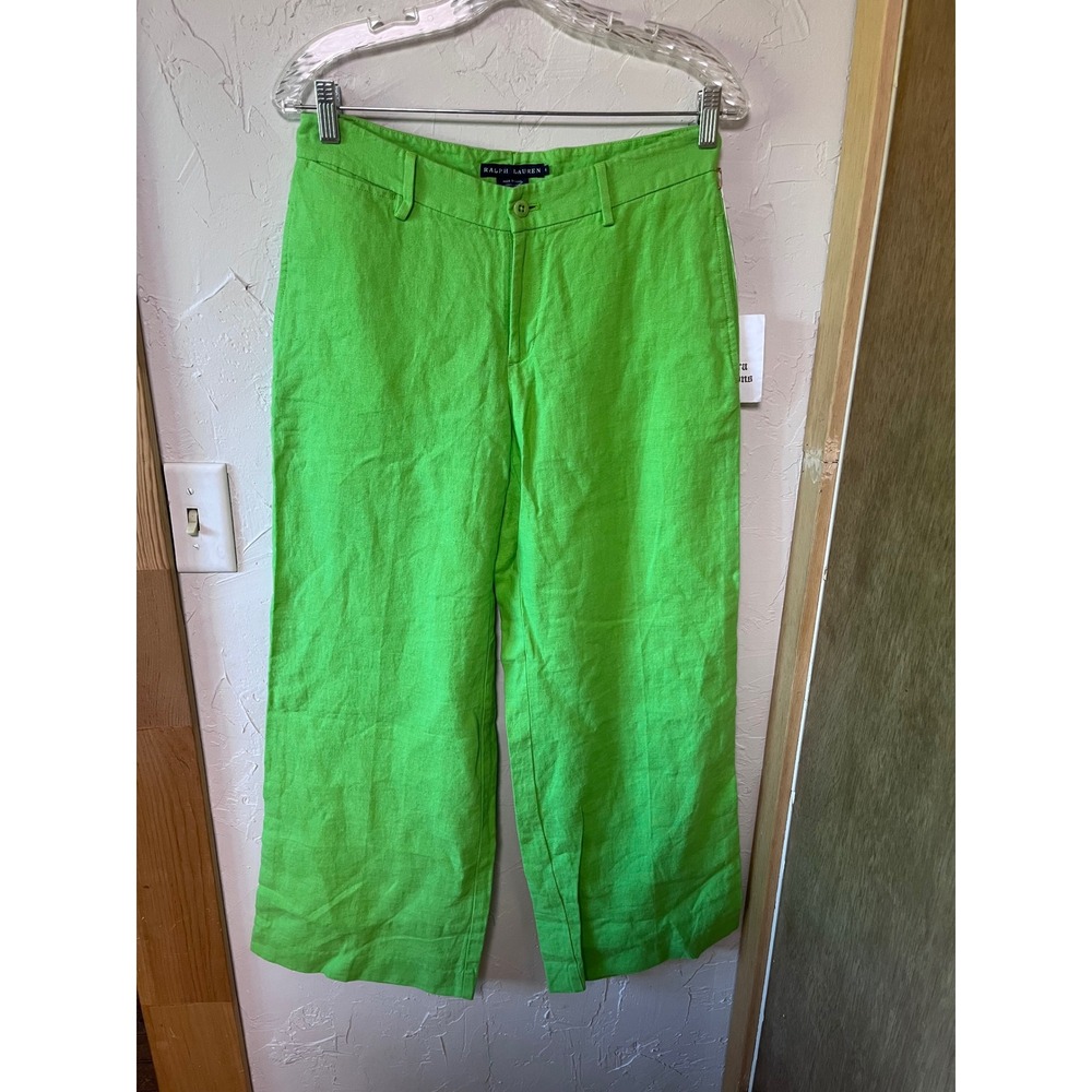 Ralph Lauren Womens 100% Linen Wide Leg‎ Pants Lime Green Size 4 NWT